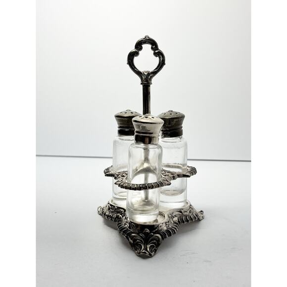 Vintage Silverplate Miniature 3-Shaker Salt & Pepper Cruet, Apple Condiment Dish - Picture 2 of 13